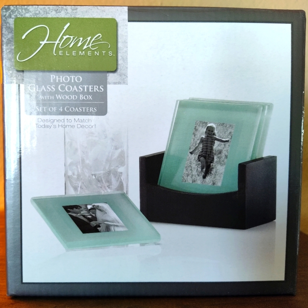 NWOT Home Elements Photo Glass Coasters With Wood Box Set Of 4